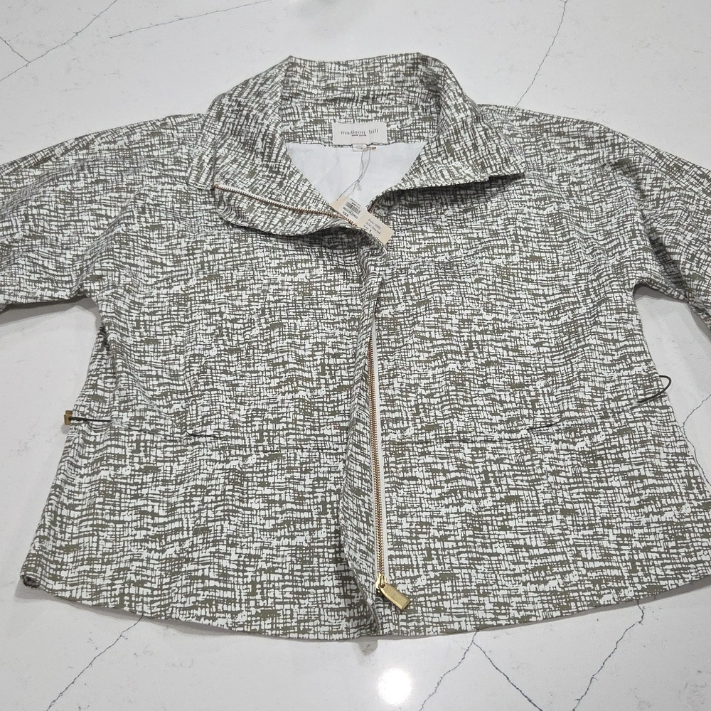 Madison Hill Zip-Up Cardigan - White and Gree 3/4  Bell Sleeves SzM New With Tag